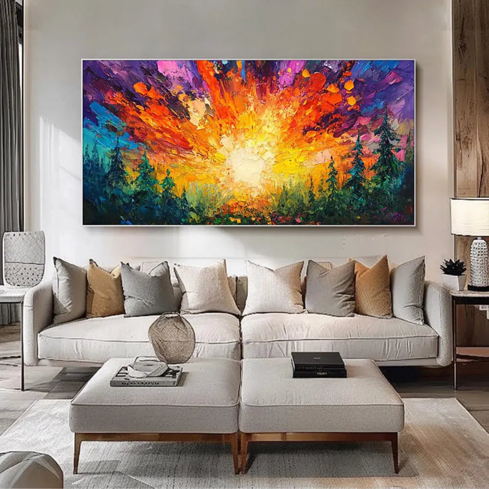 Hand-painted oil painting of sun rising in deep forest with brilliant light, modern landscape canvas art for home decoration