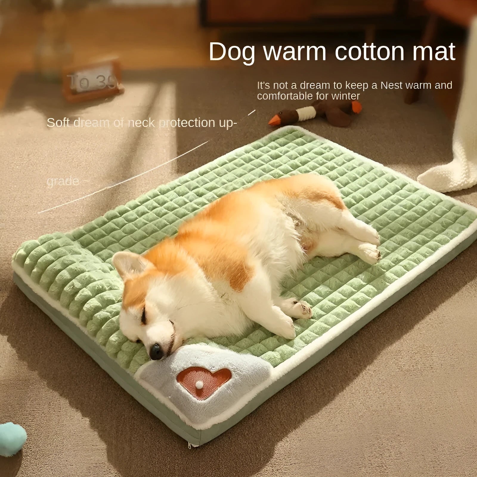 Large grey dog bed mat with removable cover shown next to a sleeping dog, demonstrating its size.