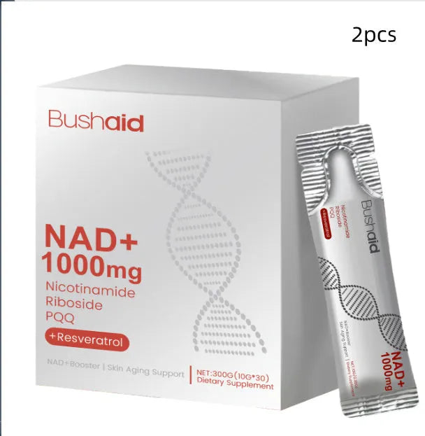Two bottles of anti-aging dietary supplement drink containing nicotinamide riboside and resveratrol.