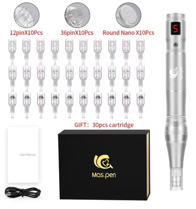 Electric handheld spiral mouth microneedle device with 30 nano needle cartridges