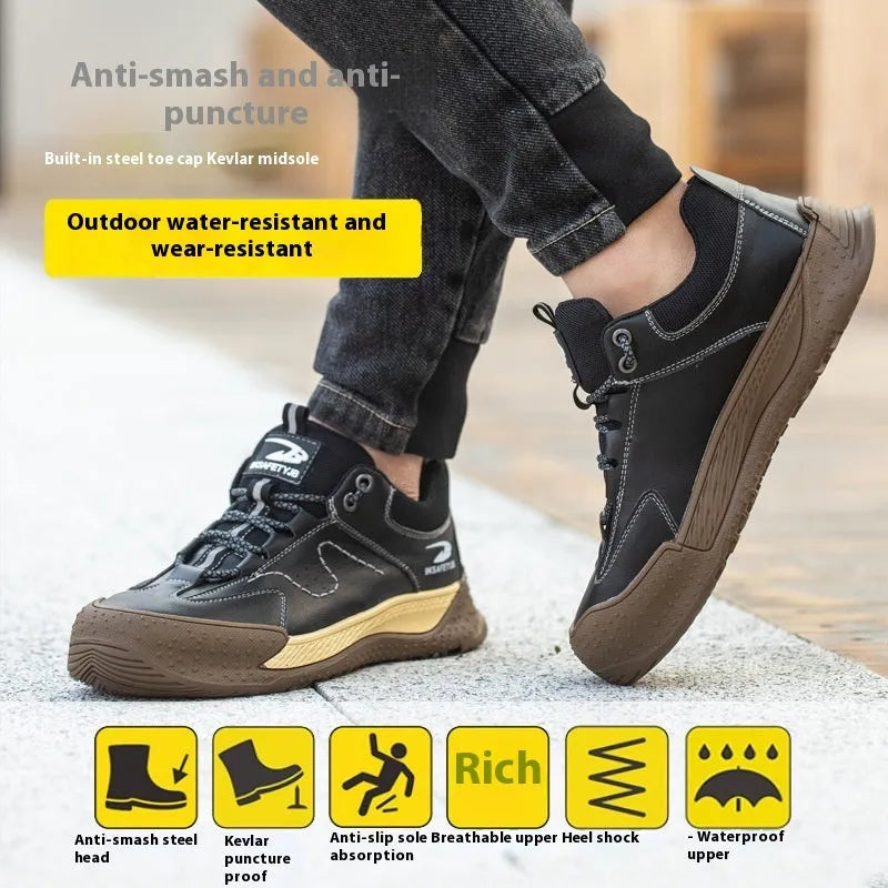Leather safety work shoes with Flyknit construction and rubber sole in black colour