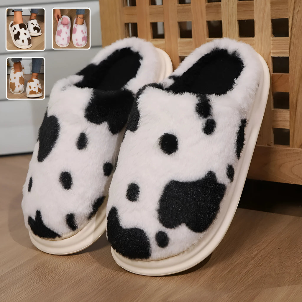 Cow spotted plush slippers in brown with non-slip sole winter indoor footwear
