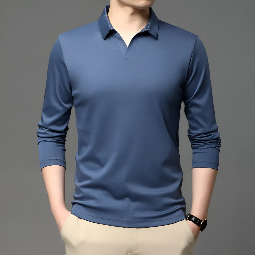 Men's solid colour cotton long sleeve shirt with lapel collar, shown in white, grey, or black
