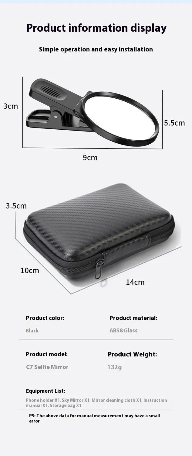 Black mobile phone rear camera self-timer clip with mirror, plastic and glass, includes lens, cloth, and storage box.