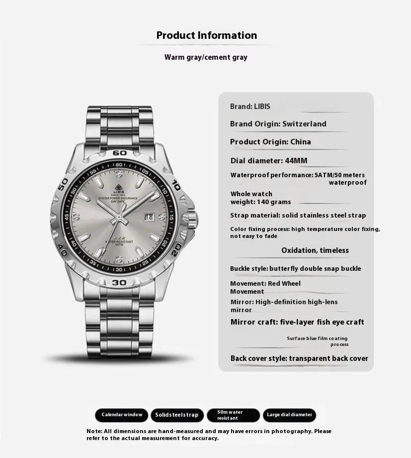Silver case men's business watch with stainless steel strap and black dial