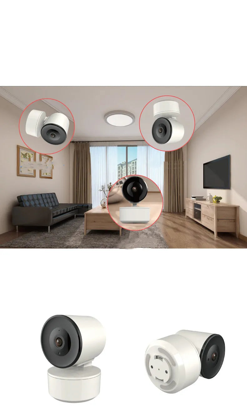 Indoor smart WiFi security camera with pan-tilt mechanism showing measurement scale