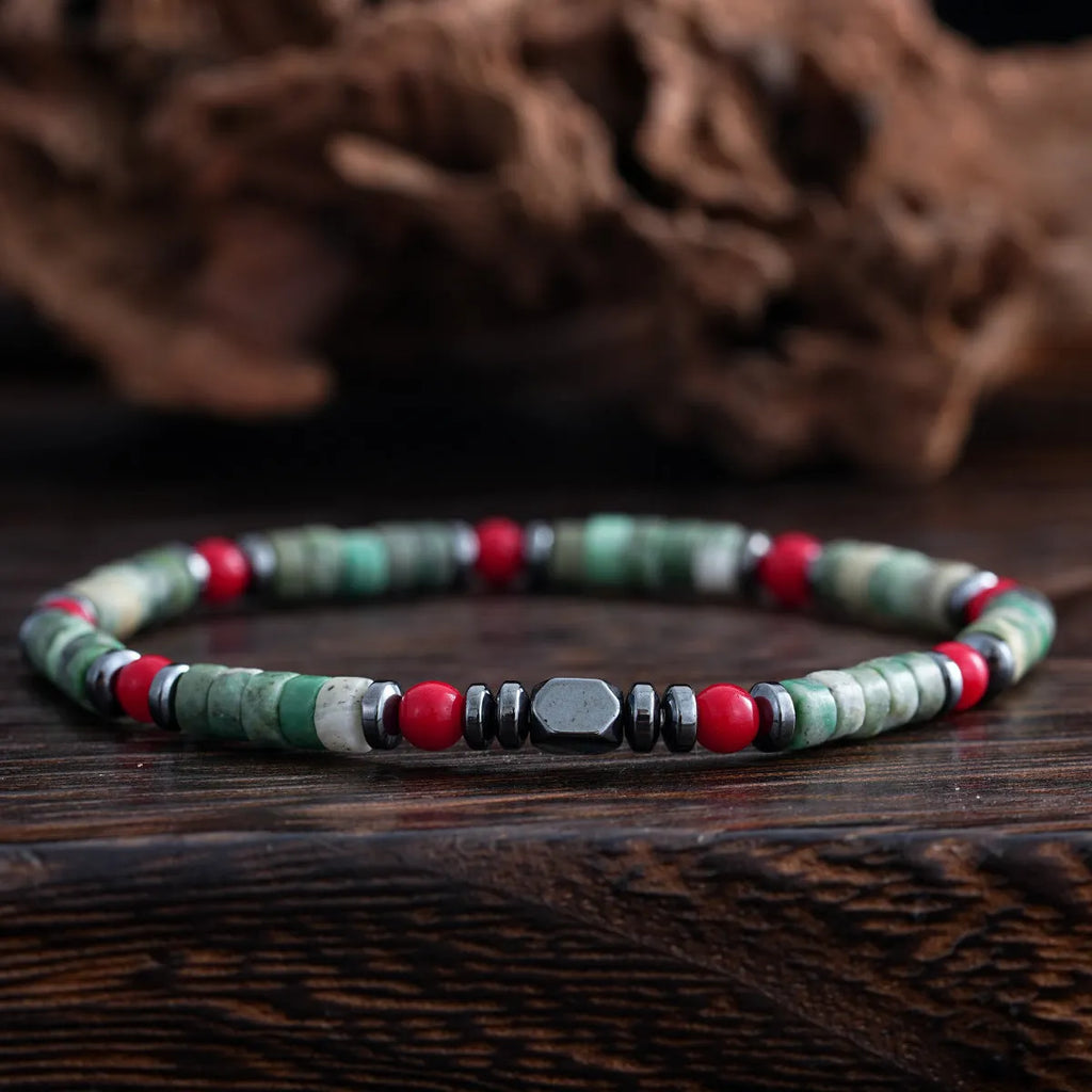 Bohemian style bracelet with cylindrical natural stone beads and hand-woven texture for men