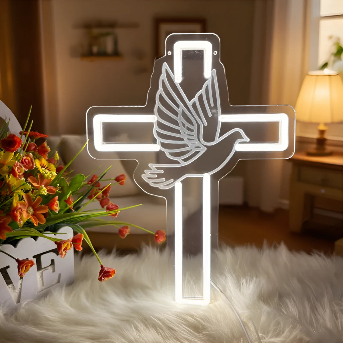 LED peace dove cross neon light, white acrylic wall light 33x24.5x1.5cm with USB 5V dimmable switch