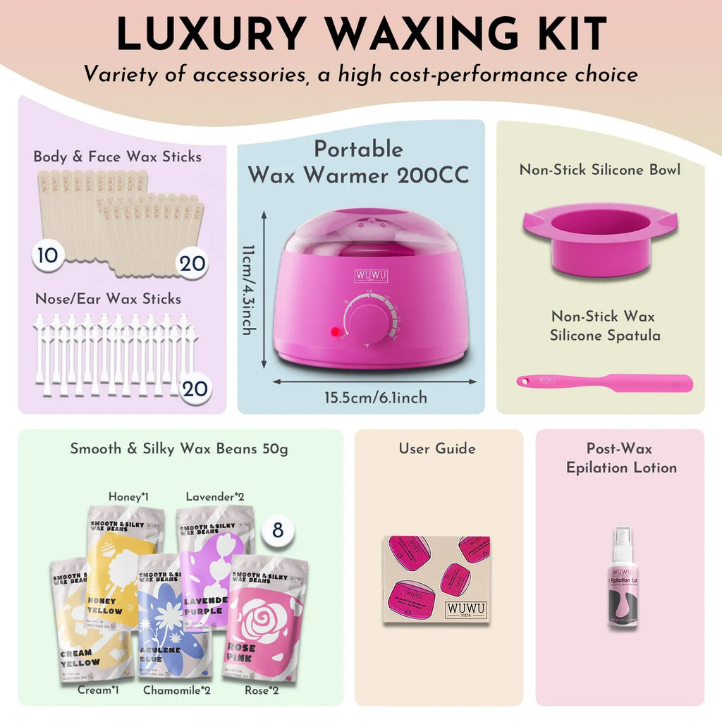 Waxing kit with black wax warmer, wax beads, applicator sticks and silicone tools for hair removal