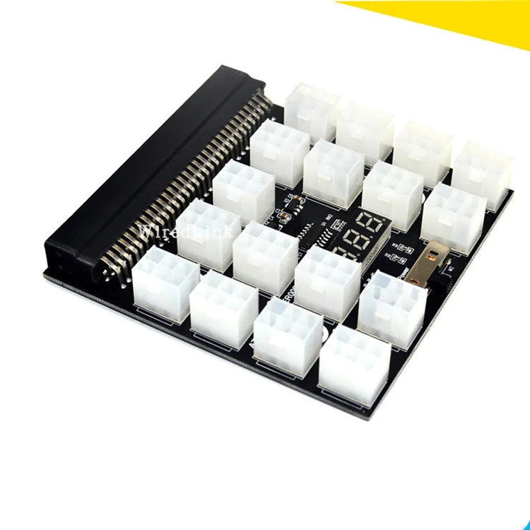 Black server power adapter riser card for 12V GPU mining with multiple wire connectors and a 6-pin port.