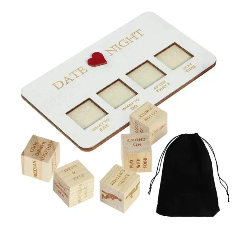Wooden date night dice set with five natural wood dice, date planner board, and black storage bag for couple games