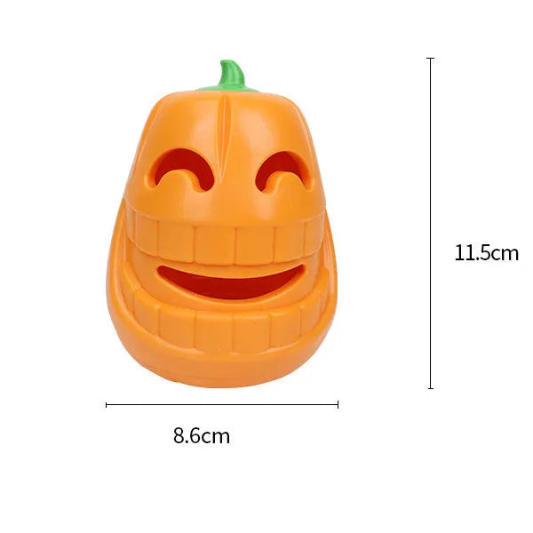 Orange Halloween pumpkin shaped interactive dog chew toy with a treat-dispensing funnel.