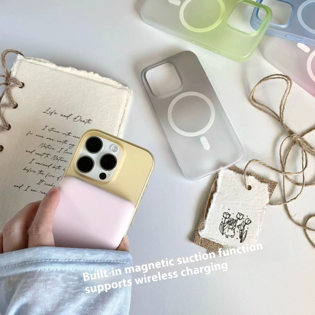 Gradient coloured frosted magnetic suction iPhone case showing ultra-thin PC construction