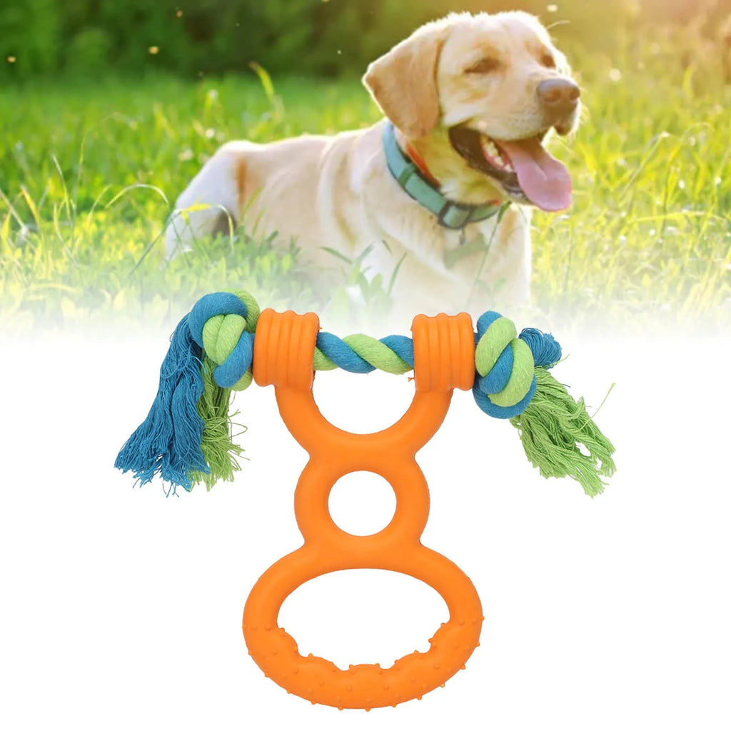 Dog rubber ring rope toy in orange colour with cotton rope handle on a white background