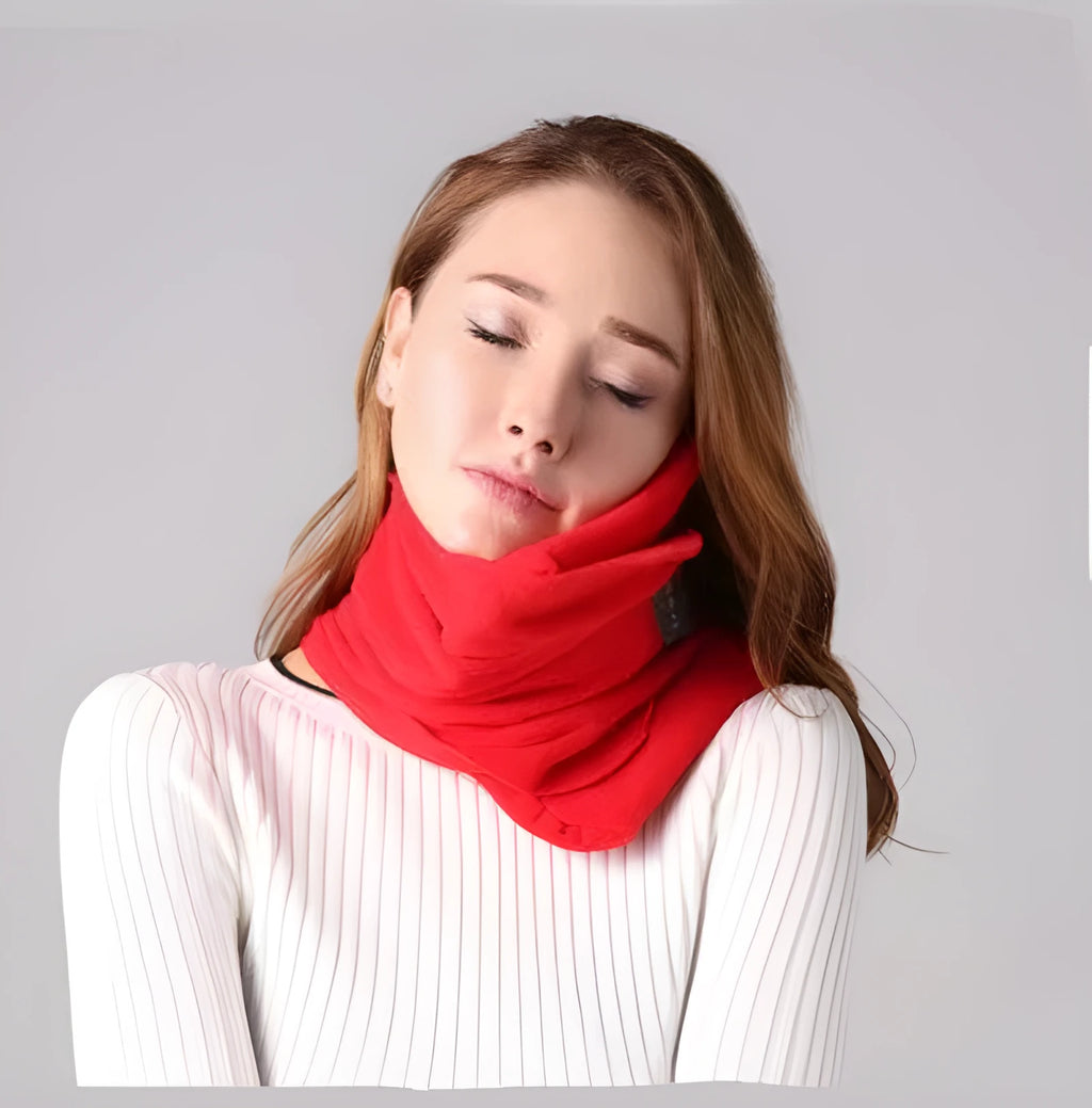 U-shaped neck support travel pillow with convertible scarf bandanna in black, grey, navy, or red colours