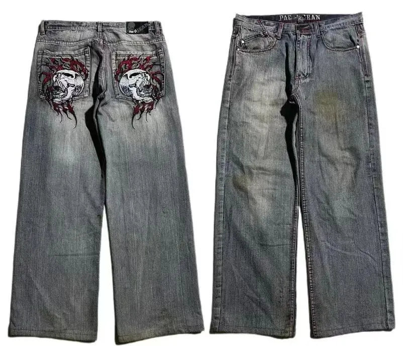 Men's grey washed-out wide-leg straight-cut denim jeans on a neutral background.