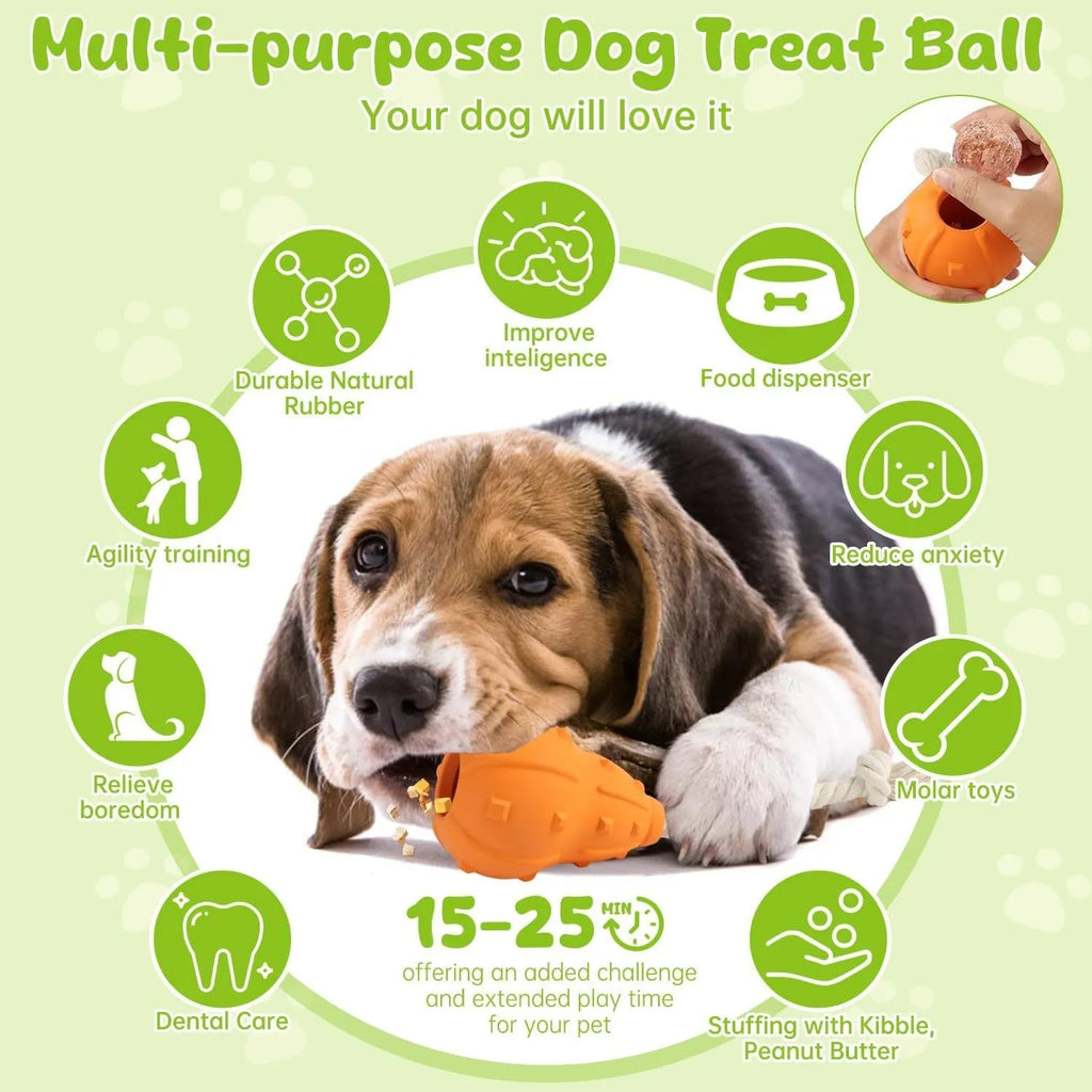 Durable natural rubber dog toy for small medium breeds, shown with a longer strap for fetch.