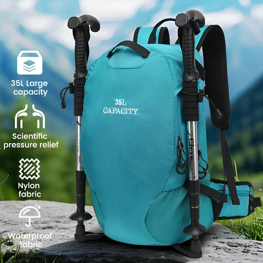 Solid-colour waterproof Oxford hiking backpack with straps and a curved back panel, shown in a choice of colours.