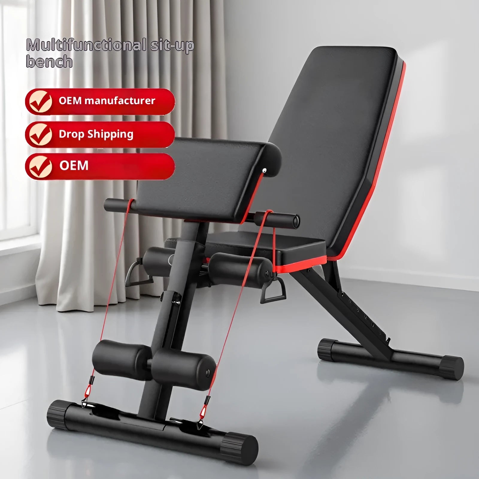 Home multi-function foldable incline fitness bench with metal frame and pull rope on plain background