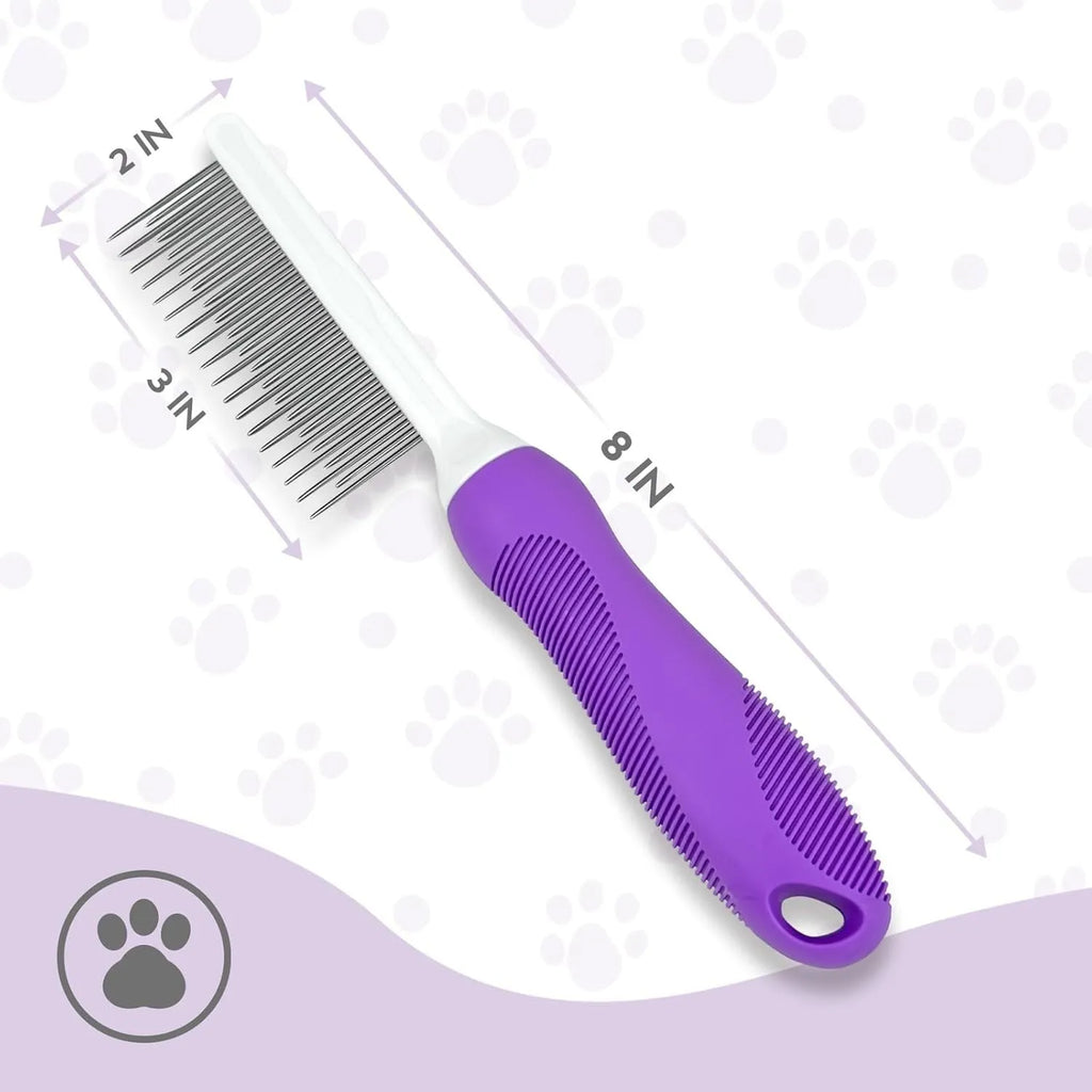 Purple pet detangling comb with stainless steel teeth on a wooden table.