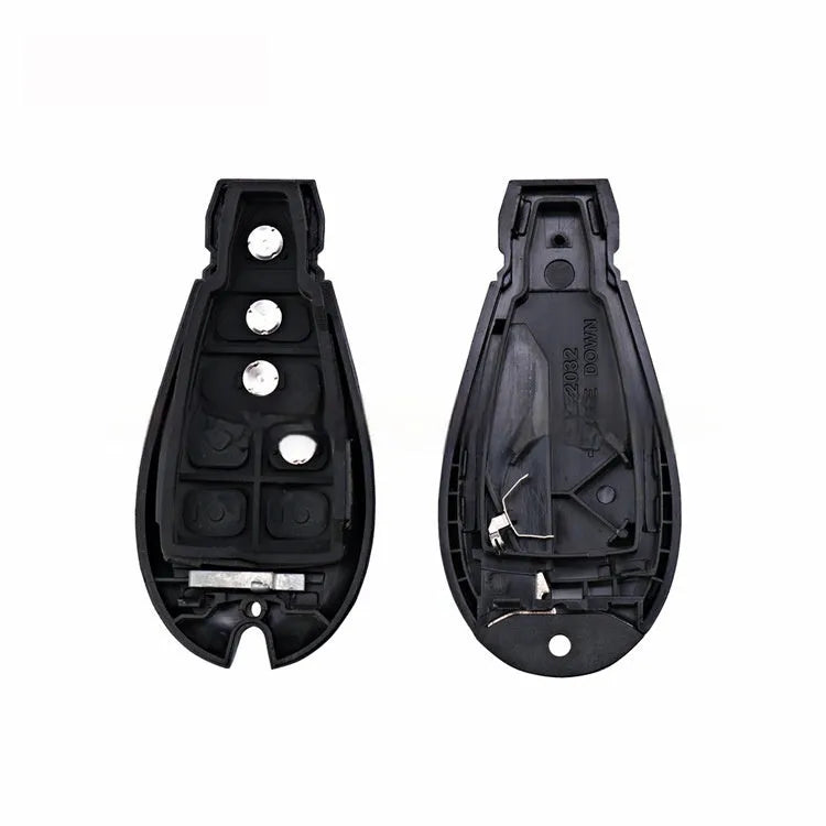 White plastic key shell case for Dodge and Chrysler smart keys, showing front and back views.
