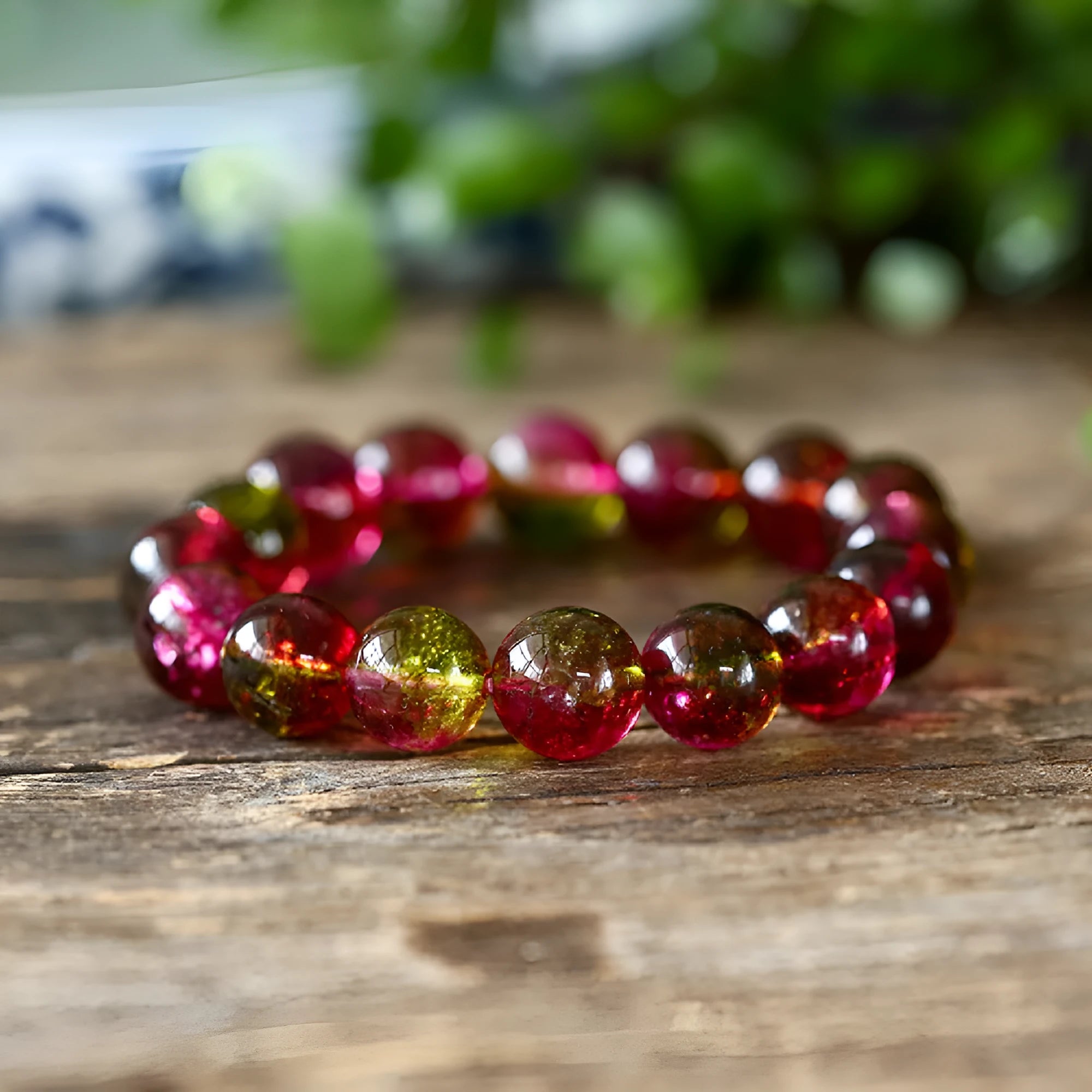 Handmade women's watermelon crystal bracelet in pastoral style showing size options