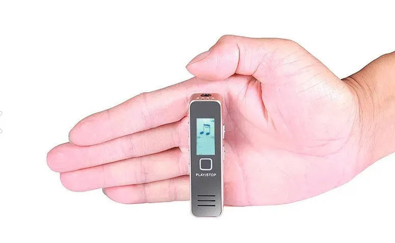 Mini portable digital voice recorder in gold or black with display screen and compact plastic housing