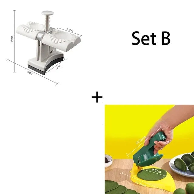 White double head manual dumpling press mould with anti-slip rubber base on kitchen counter.