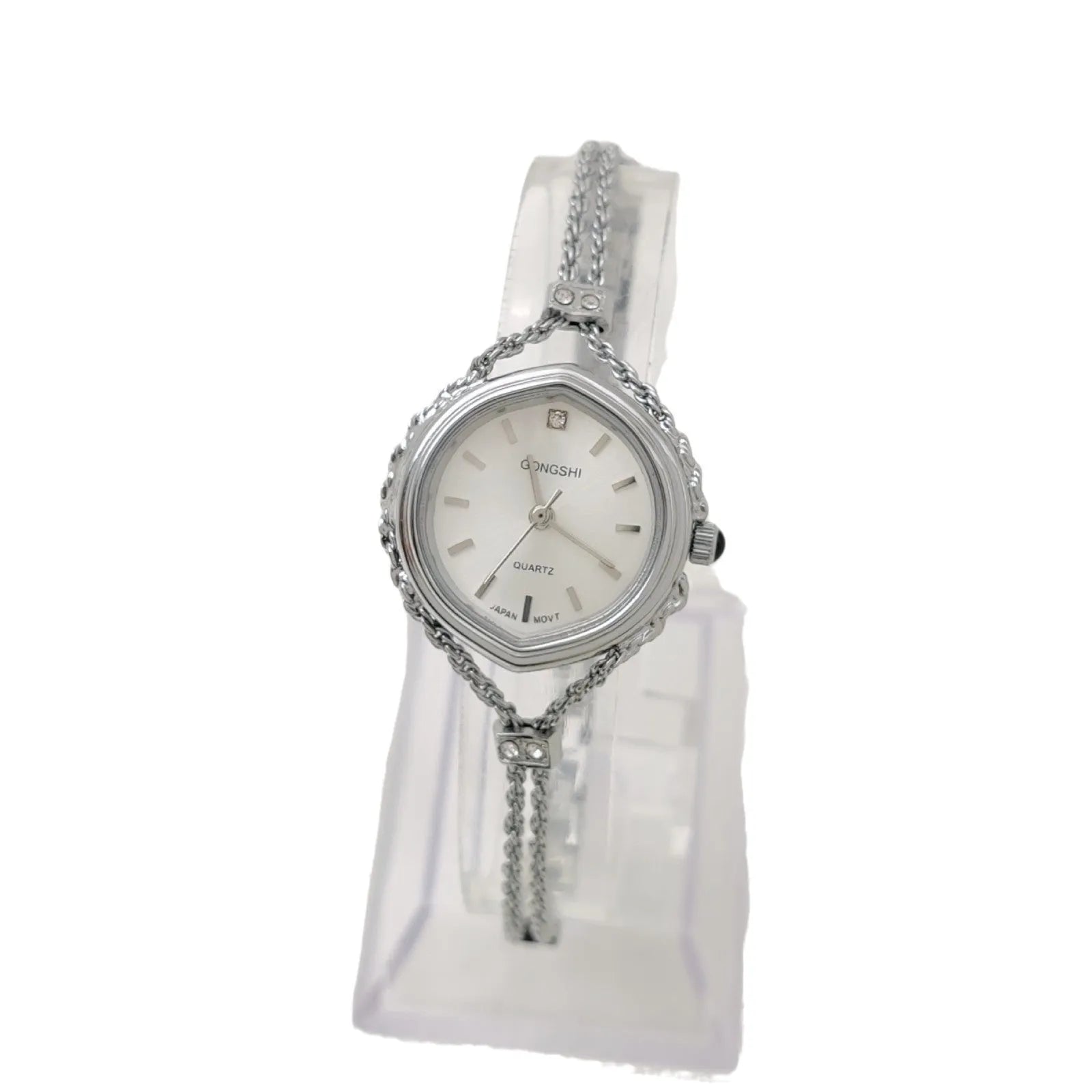 Women's Mori style quartz watch with 25mm dial, mineral glass face, and metal chain strap