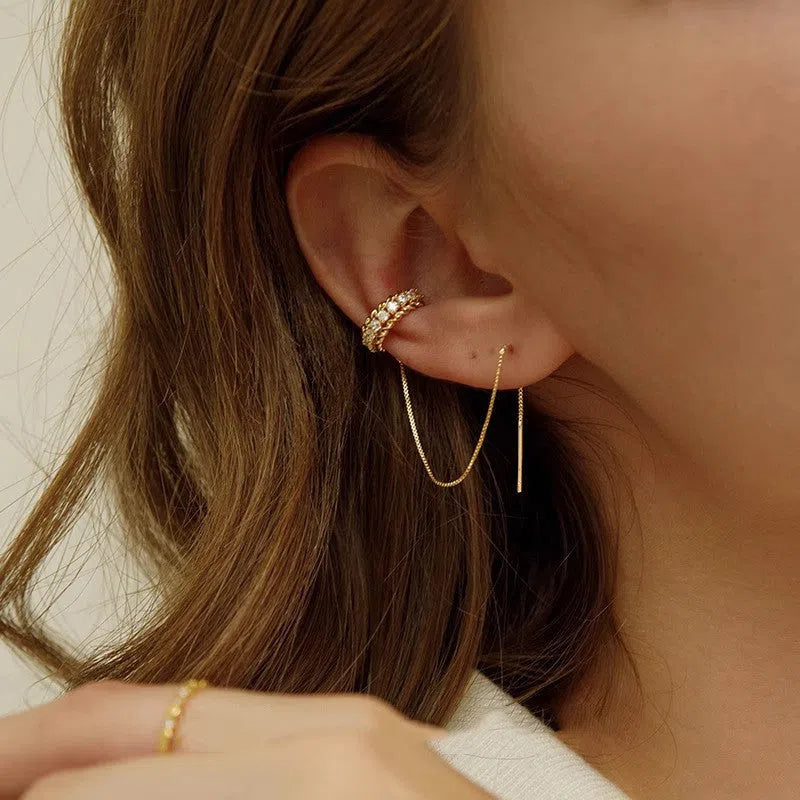 Geometric C-Shaped Diamond Fringe Earrings for Women in Gold Copper Alloy Minimalist Dangle Drop Earrings Everyday Wear