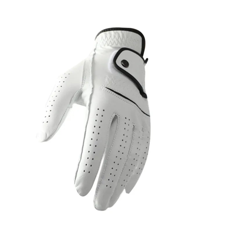 A single white men's golf glove with a half sheepskin palm, shown flat.