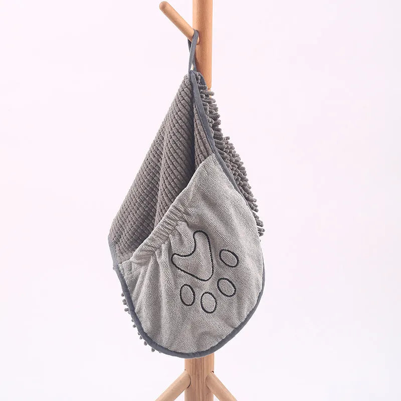 Grey chenille pet towel for dogs and cats, absorbent fibre bath towel supplied as one piece