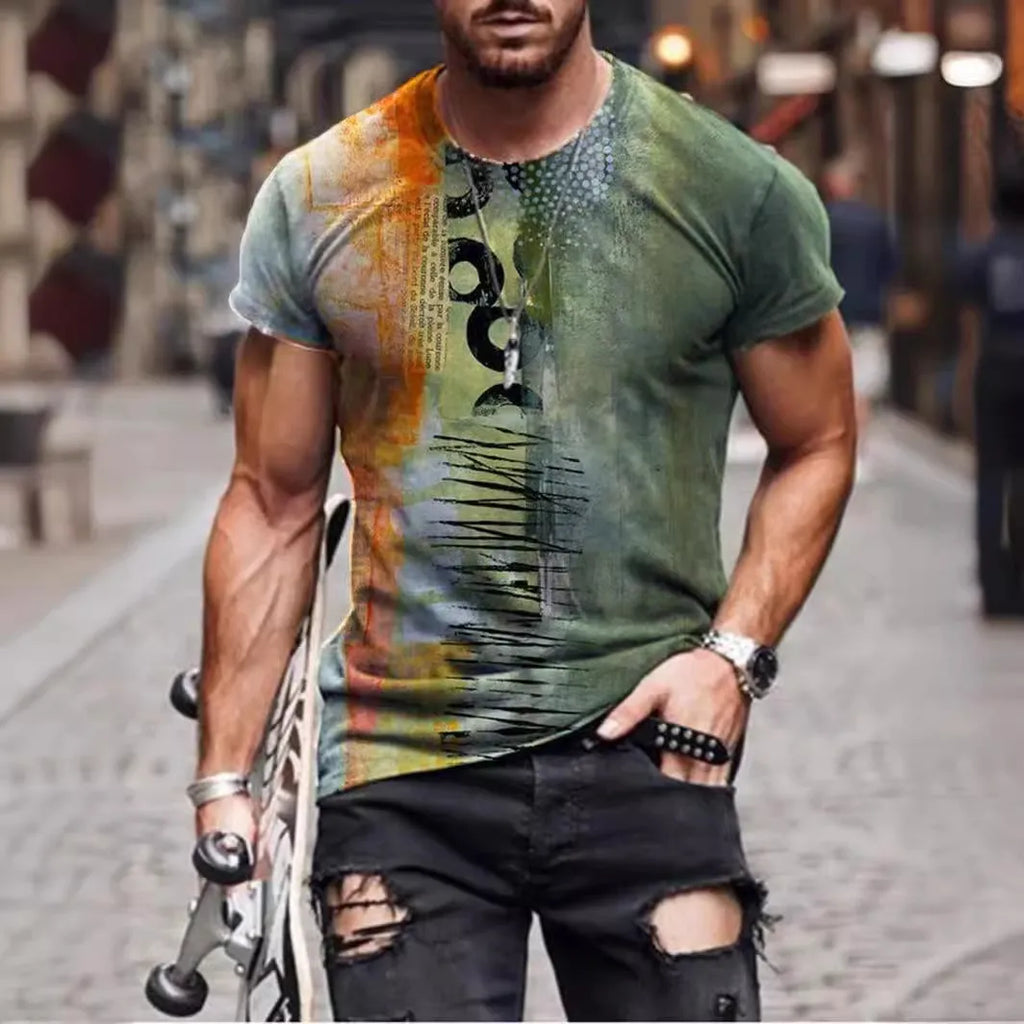 Men's loose fit short-sleeve T-shirt with a digital camouflage print on milk silk fabric.