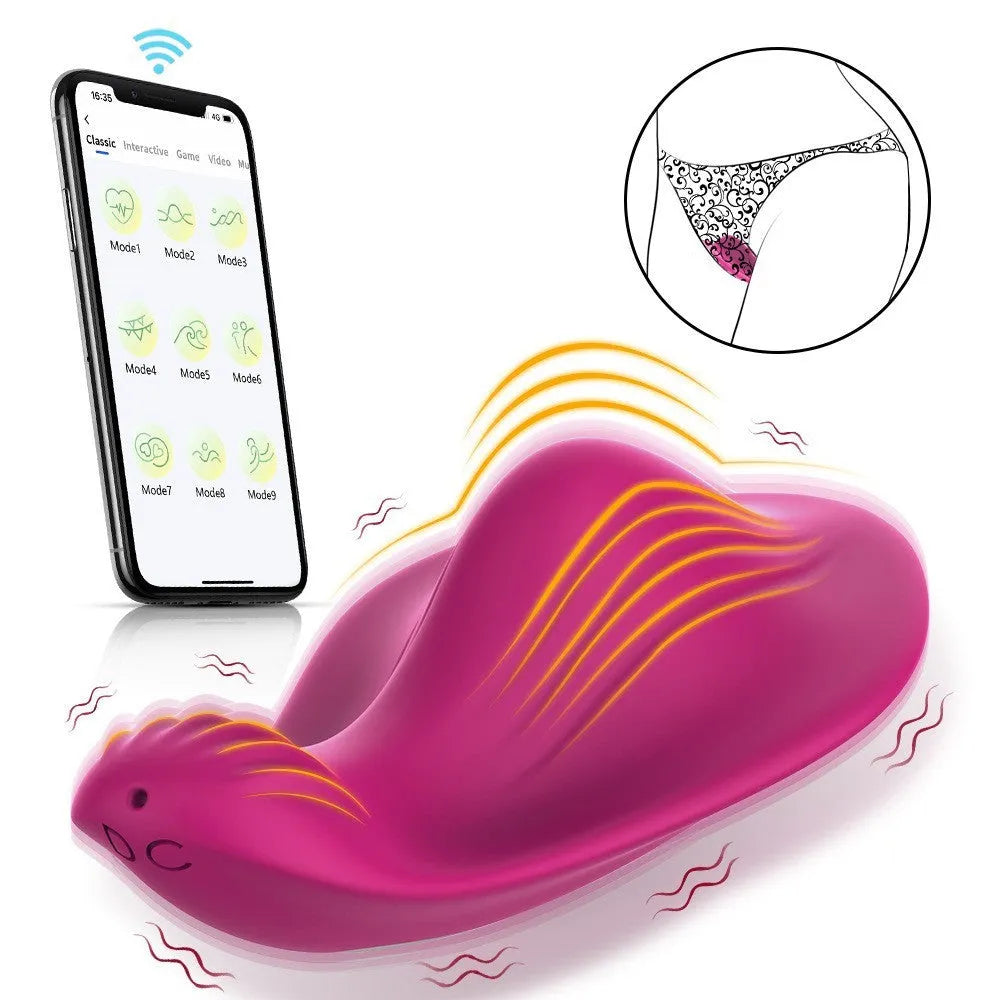 Rose red wearable female massager with cute butterfly design and USB charging port