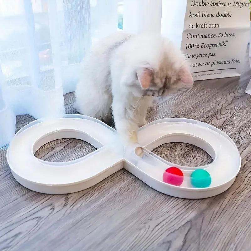 Blue and white cat toy set with turntable track, teasing stick, and four balls.