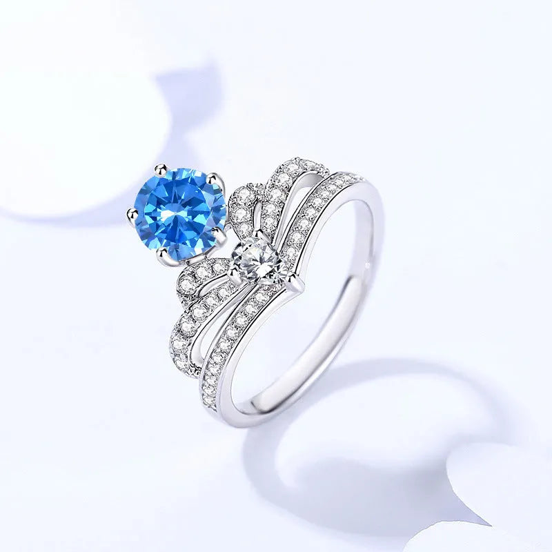 Sterling silver crown moissanite ring for women in white, blue or pink, sizes 6 to 9