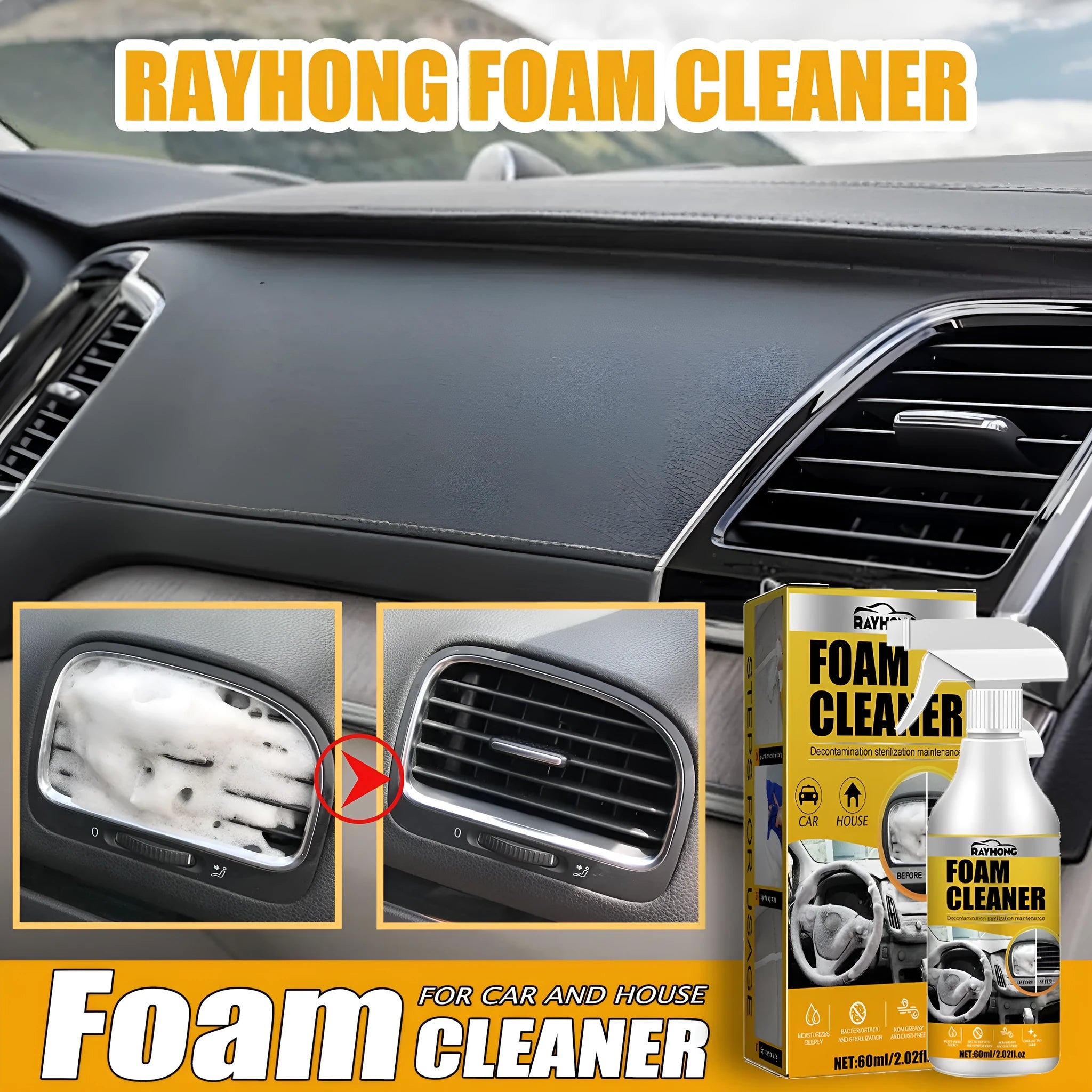 Car interior wash-free foamed cleaner 60ml with sponge in boxed packaging