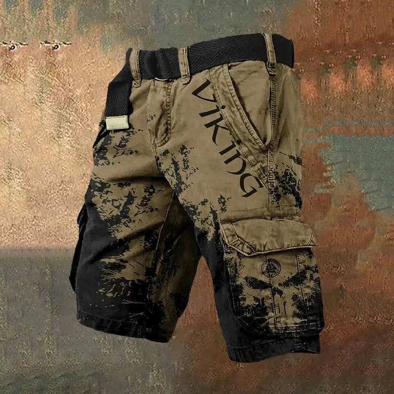 Men's casual digital print polyester shorts with a front zipper closure on a mannequin.