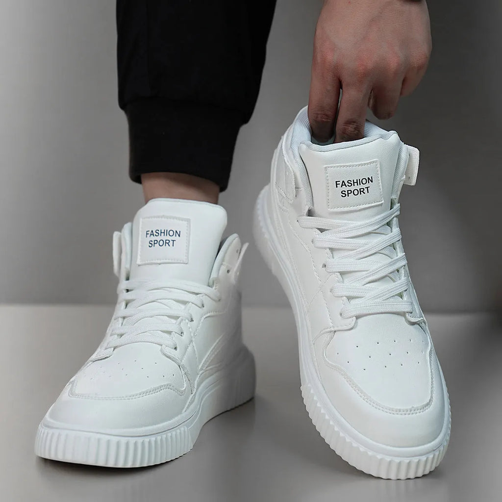 Men's white round toe casual microfiber shoes for autumn and winter leisure wear.