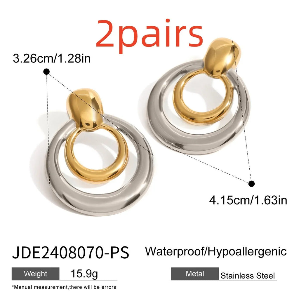 Golden round double layer hollow stud earrings with titanium steel construction and 18k gold plating
