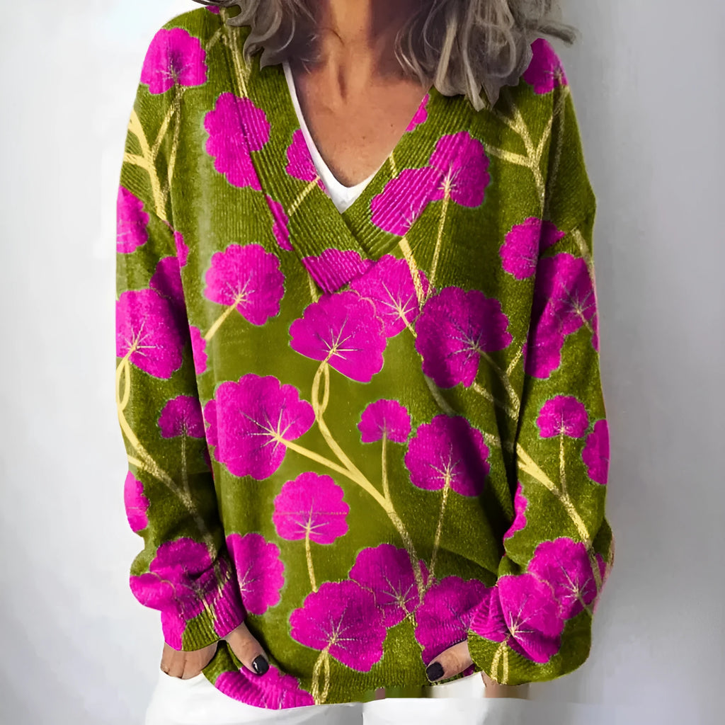 Women's V-neck long sleeve sweatshirt with a 3D floral print pattern.