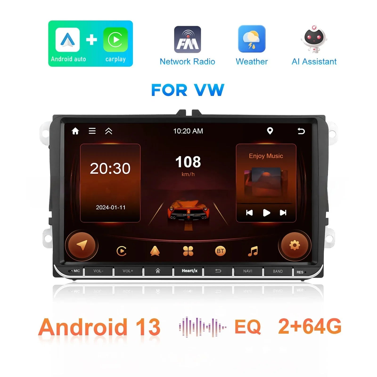 7-inch touchscreen Android car stereo for Volkswagen with wireless CarPlay displayed.