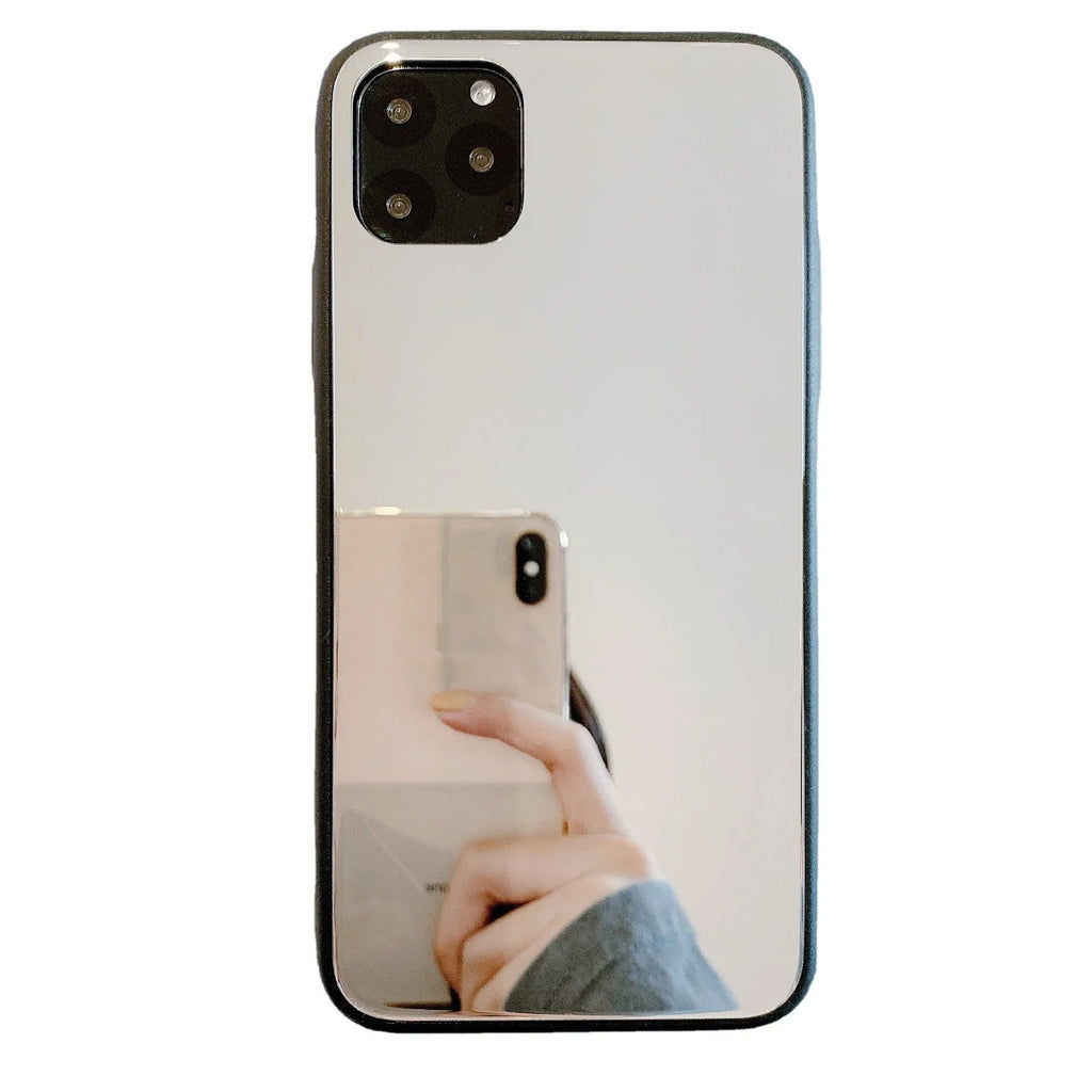 Glass mirror phone case for iPhone 14 Pro Max with reflective cosmetic mirror back cover and retro style design