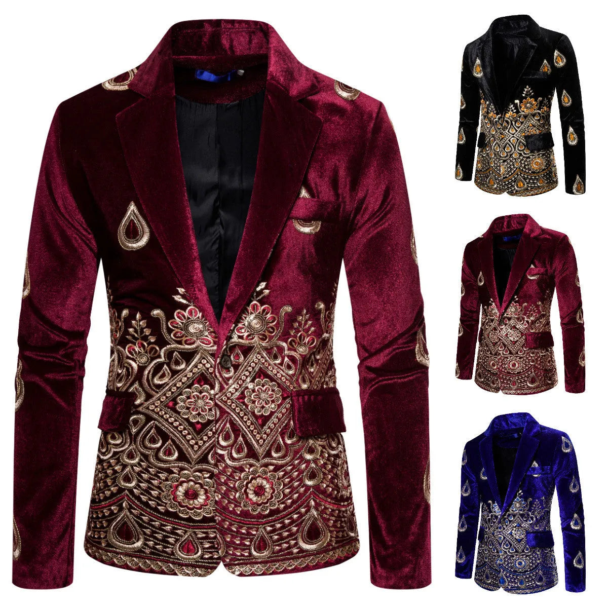 Men's corduroy single-breasted suit jacket with plaid pattern, slim fit, long sleeves, round hem, in black, wine red, or navy blue.