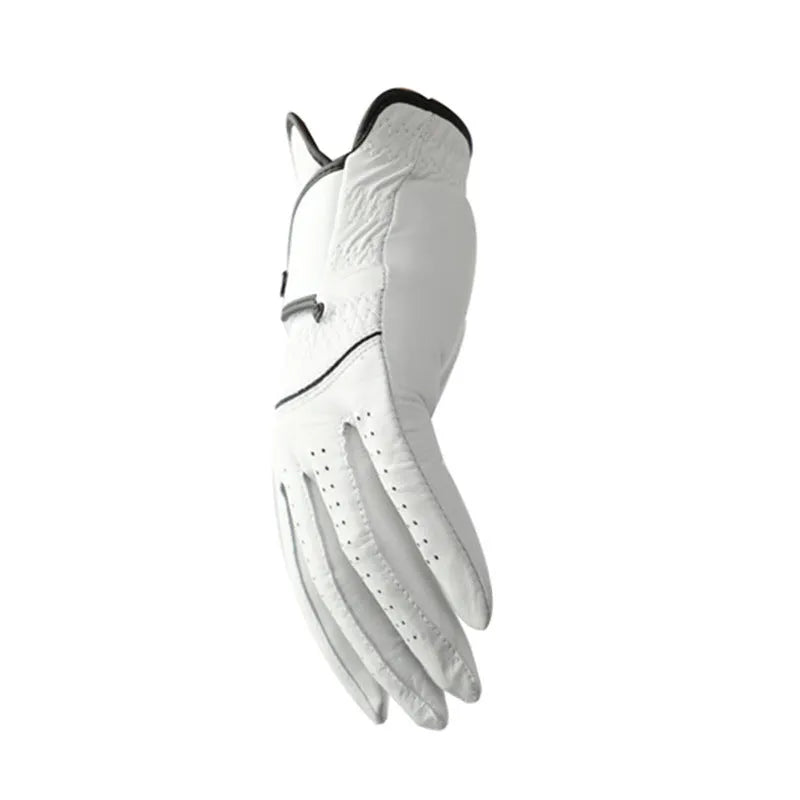 A single white men's golf glove with a half sheepskin palm, shown flat.