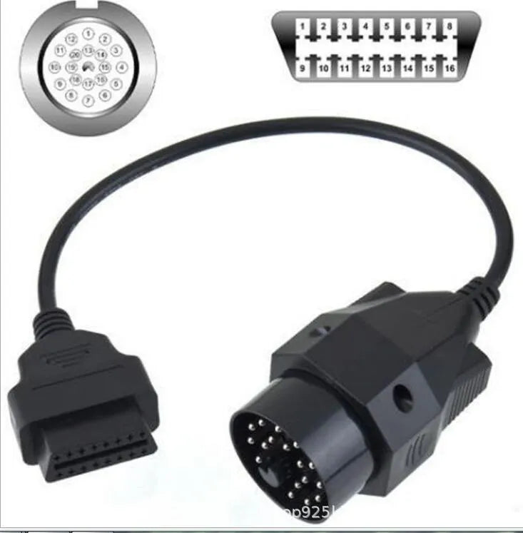 BMW 20-pin to 16-pin OBD2 diagnostic port adaptor cable on a white background.
