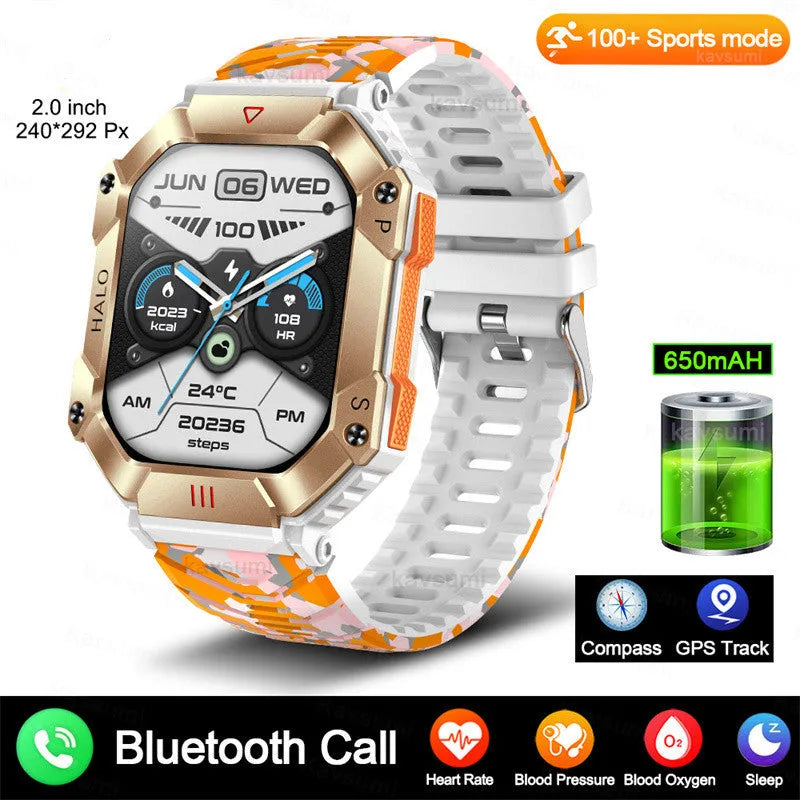 Android GPS smart watch with Bluetooth call on wrist, showing resin dial and titanium alloy case with optional leather strap.