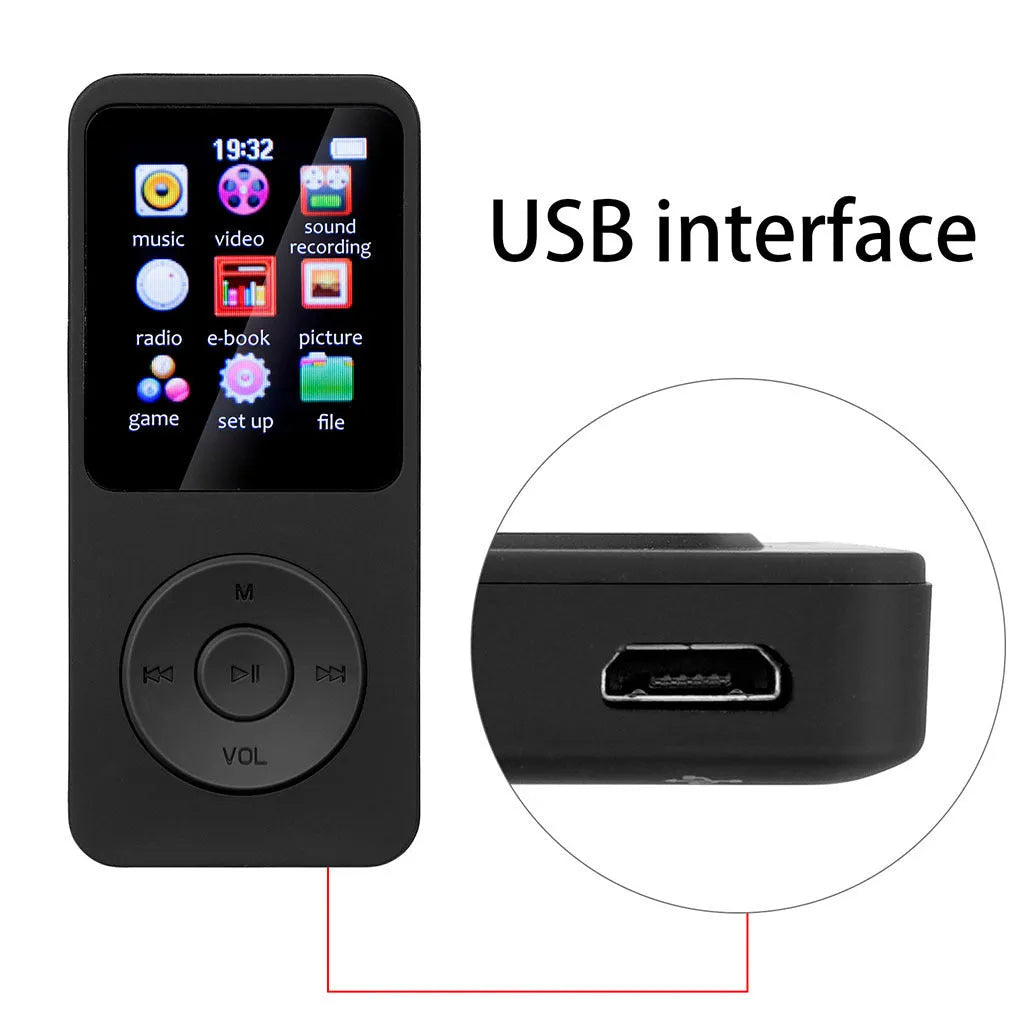 MP3 Walkman Student Edition touch Bluetooth Mp4 player, 1.8 inch screen, push-button operation, black colour, with USB cable