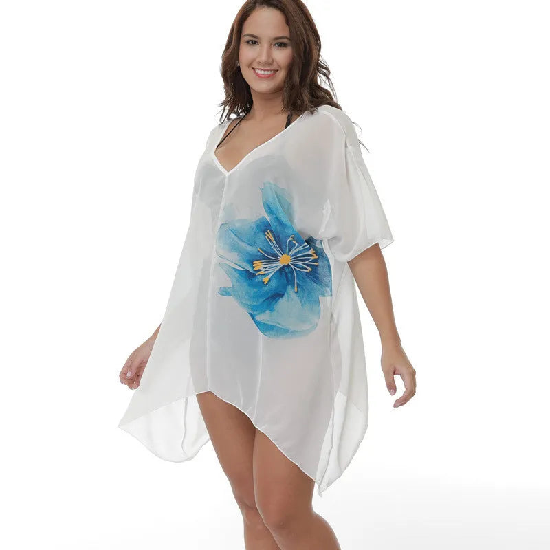 White plus size loose beach cover-up blouse for swimming sun protection