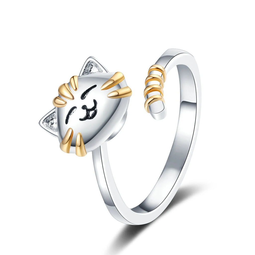 Adjustable cat ring for women in white gold colour copper with open band and cartoon cat design